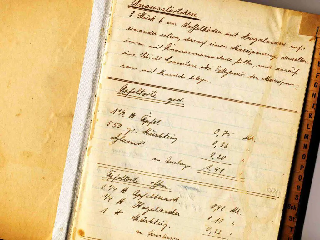 Handwritten recipe book used to show a church recipe and reflections book