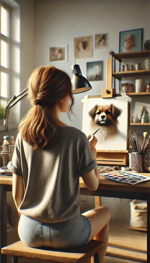 A person painting a portrait of a dog, suggesting an art class focused on painting pets.
